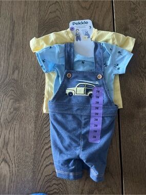 Pekkle Baby 3M Blue Overalls Set with Yellow & Light Blue Tees
